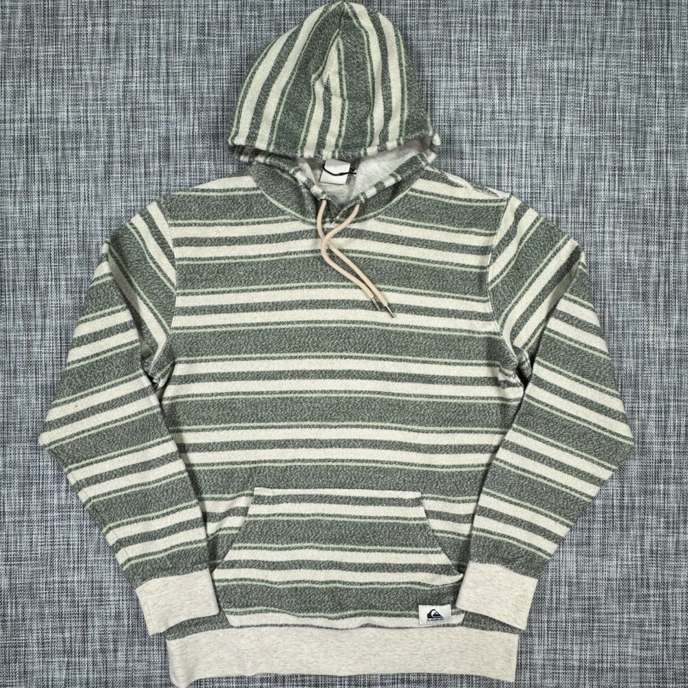 Quiksilver Great Otway Hoodie Mens Large Green Cream Striped Fleece Pullover